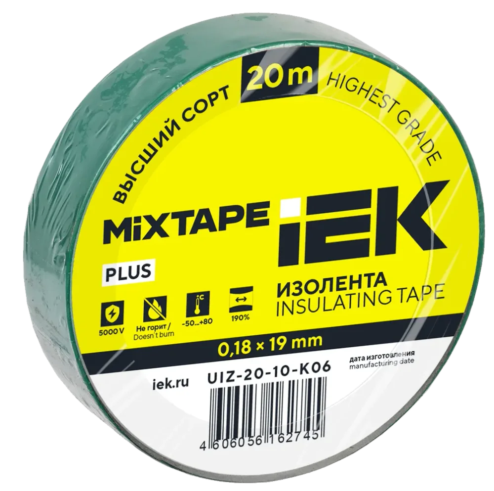 MIXTAPE PLUS Изолента 0,18х19мм зеленая 20м IEK